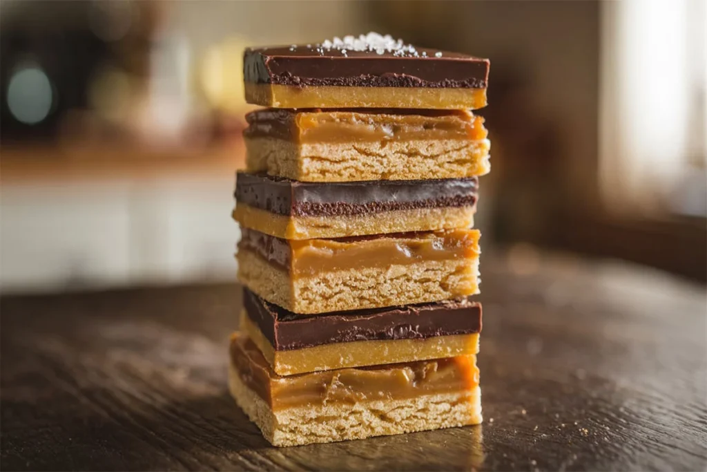 Stack of Delicious Caramel Shortbread on a rustic wooden board