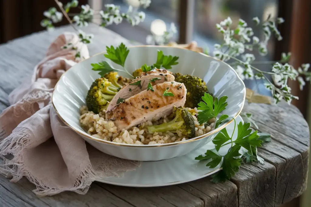 Collage of chicken broccoli rice preparation steps: sautéing chicken, steaming broccoli, and cooking rice