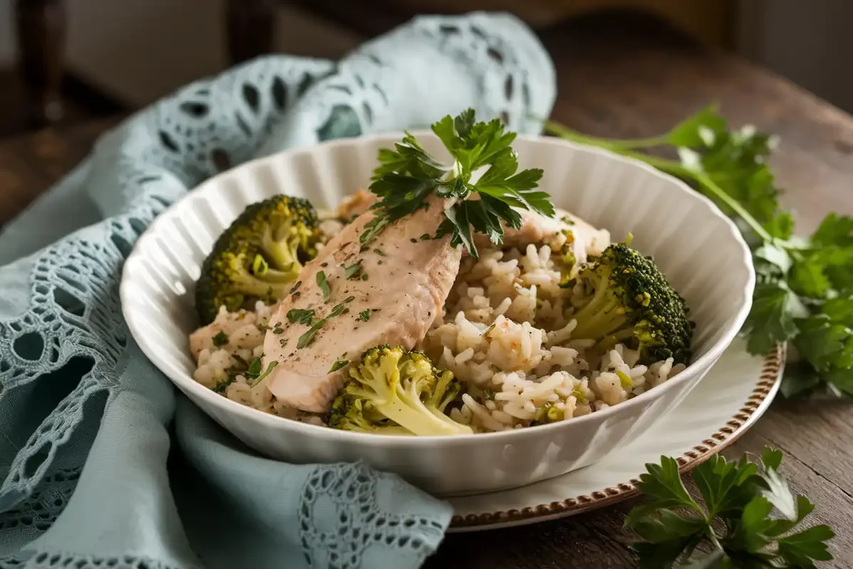 Chicken broccoli rice in a white ceramic bowl with parsley garnish