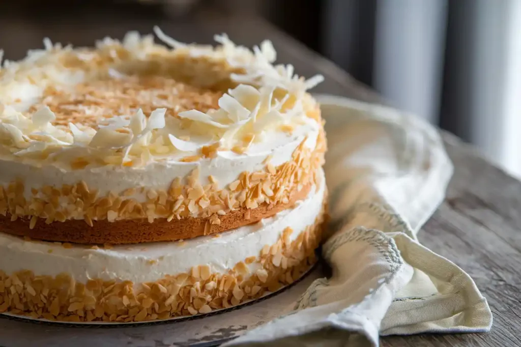 Decorating a coconut cake with cream cheese frosting and flakes.