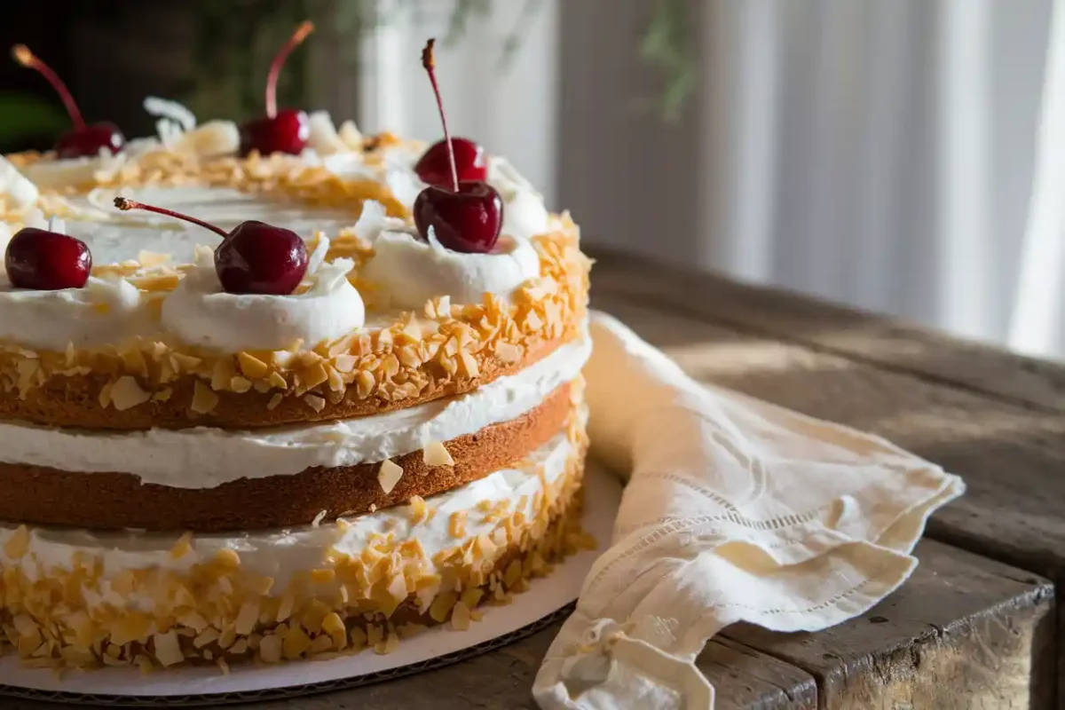 A beautifully decorated coconut cake with coconut flakes