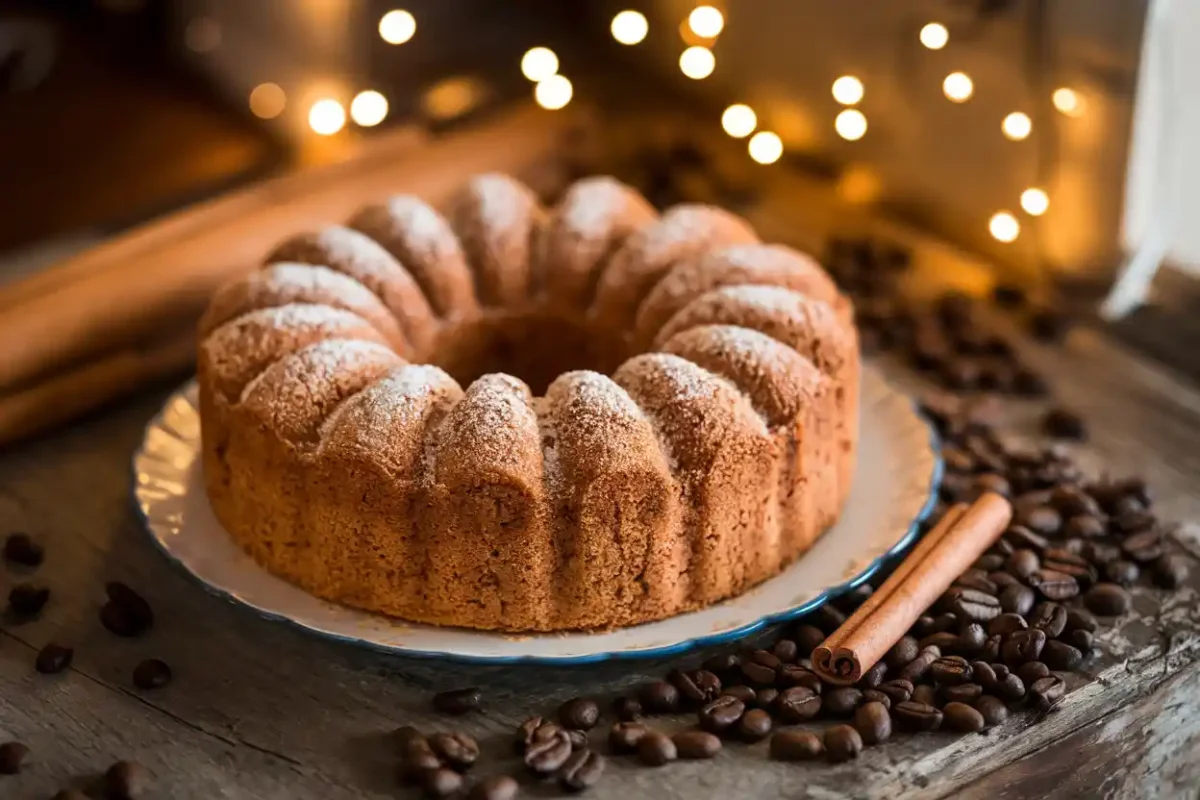 Rustic coffee cake with streusel and a cup of coffee