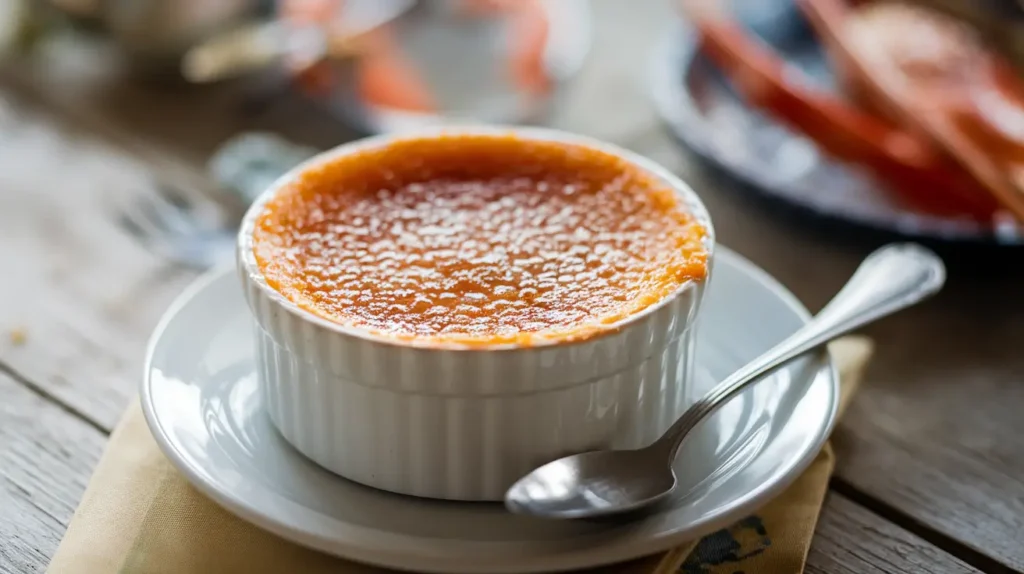 Golden-brown Crab Brulee with caramelized sugar topping