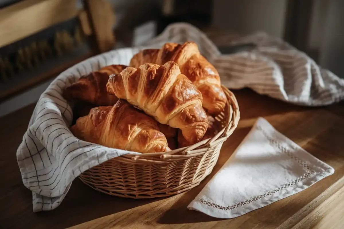 Swiss breakfast table with Gipfel croissants, butter, jam, and coffee.