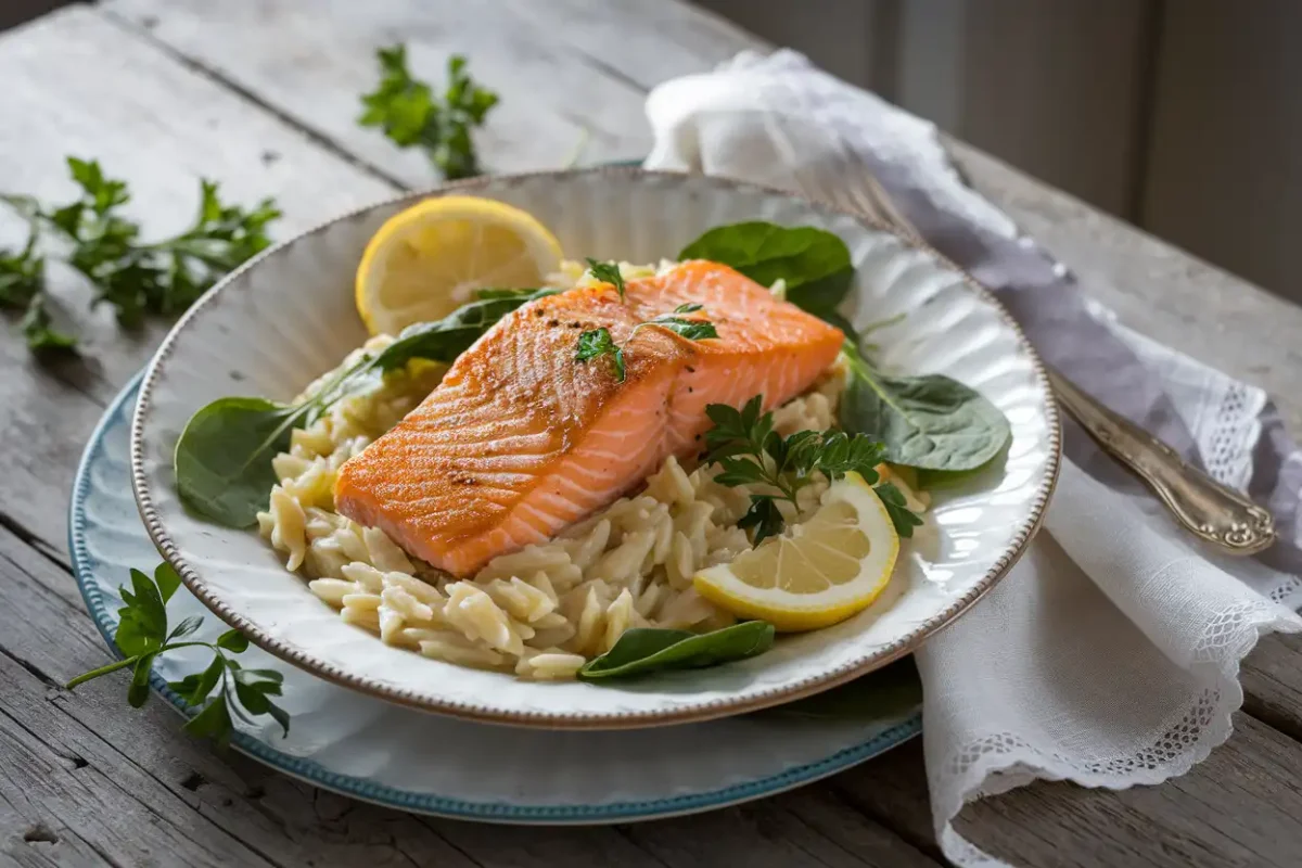 Lemon Salmon Orzo served with arugula salad and garlic bread.