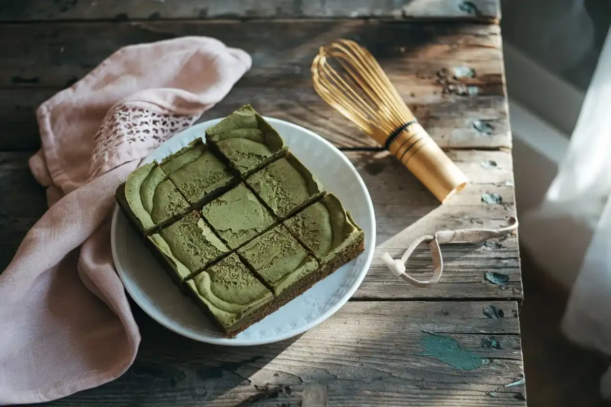 Matcha brownies on a wooden table with green tea and matcha powder.