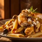 A bowl of Mediterranean chicken pasta with feta and basil