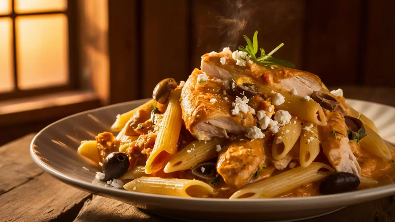 A bowl of Mediterranean chicken pasta with feta and basil