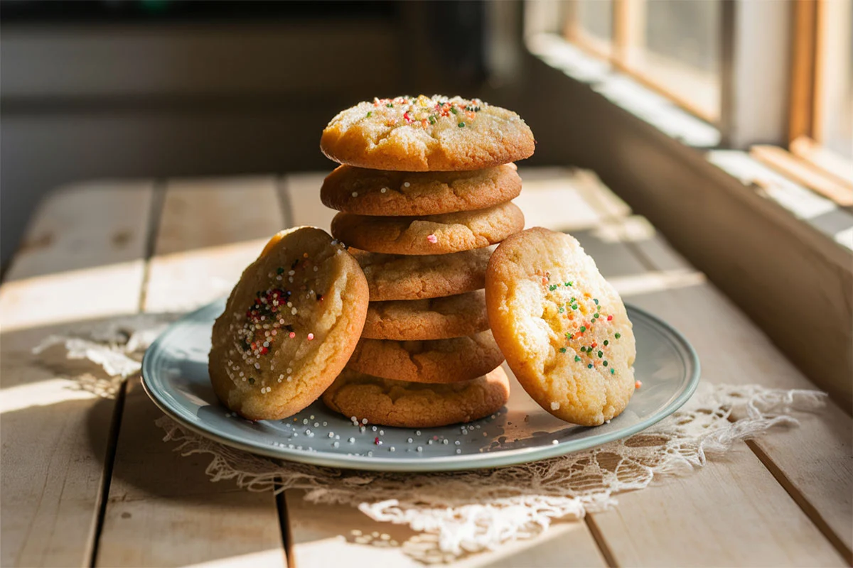 Soft chewy sugar cookies stacked on a plate with a glass of milk