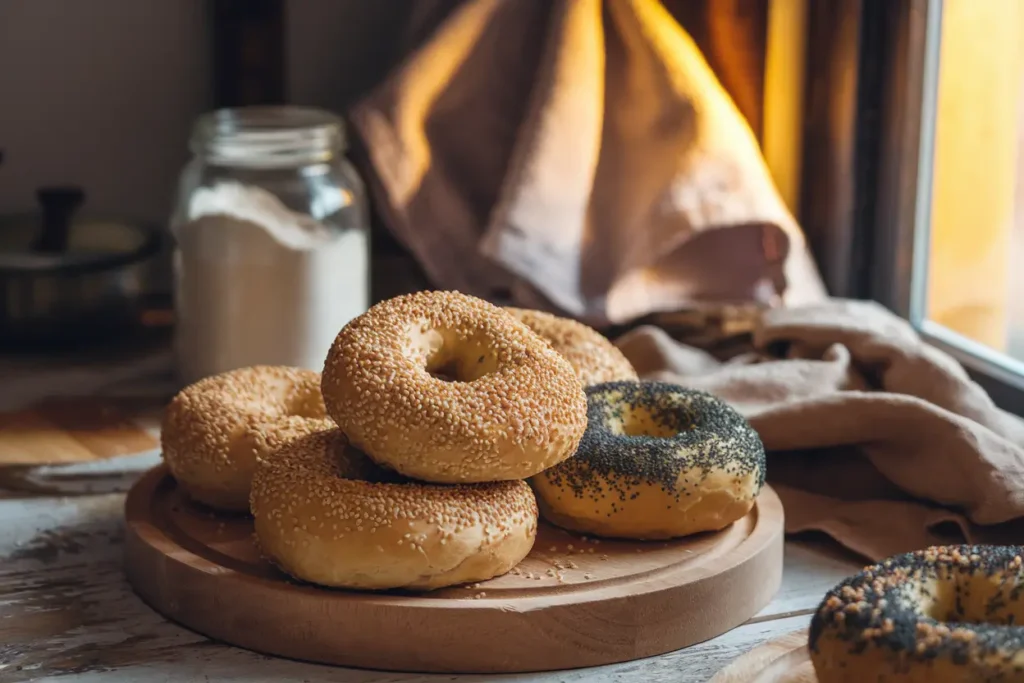 Freshly baked sourdough bagels with sesame and poppy seeds on a wooden board