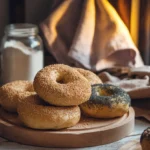 Freshly baked sourdough bagels with sesame and poppy seeds on a wooden board