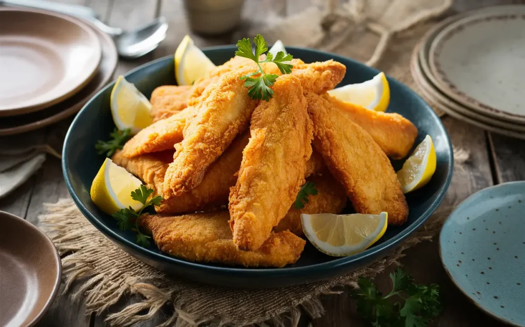 Golden fried catfish with Southern sides on a rustic table.