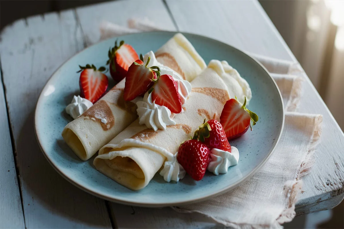 Beautifully arranged creamy strawberry crepes garnished with fresh strawberries and whipped cream