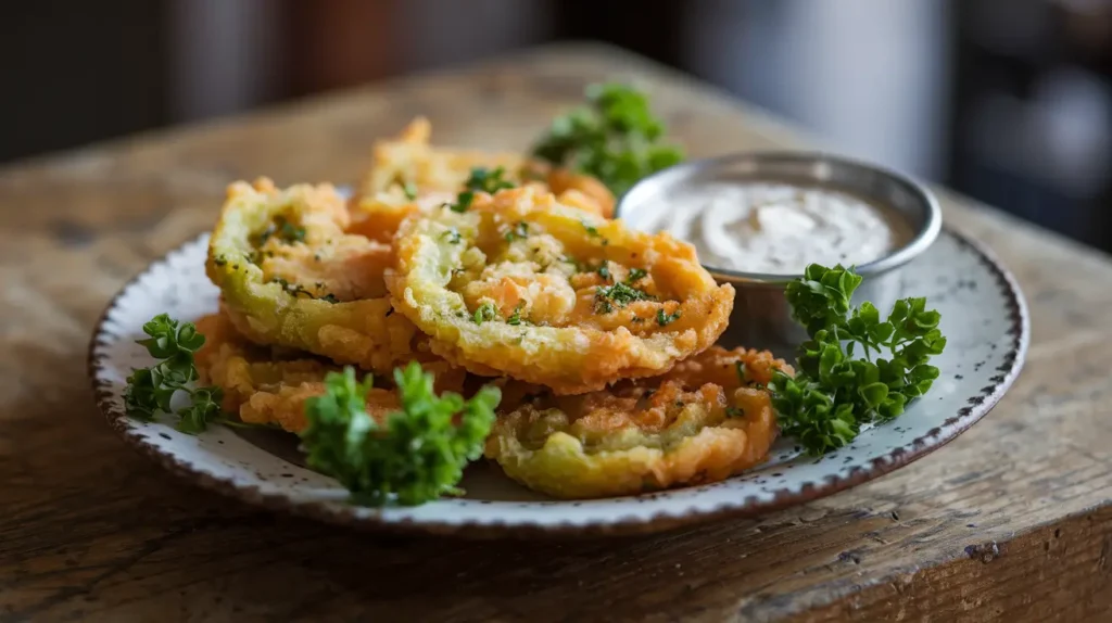 Golden crispy fried green tomatoes on a rustic plate