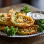 Golden crispy fried green tomatoes on a rustic plate