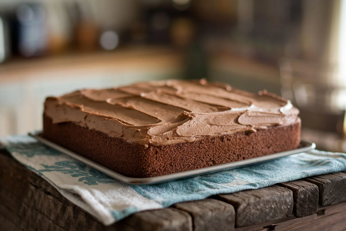 Freshly baked Texas Sheet Cake with glossy chocolate frosting and pecans