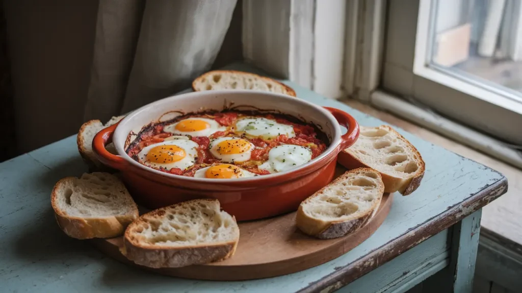 Tomato and feta baked eggs served with toast and greens