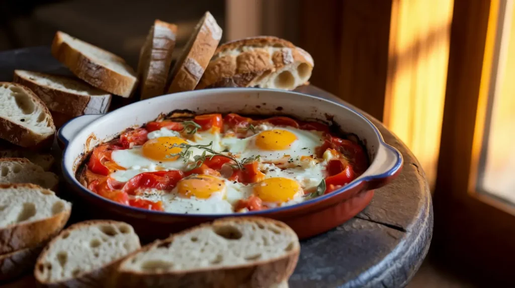 Close-up of tomato and feta baked eggs fresh out of the oven