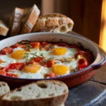 Close-up of tomato and feta baked eggs fresh out of the oven