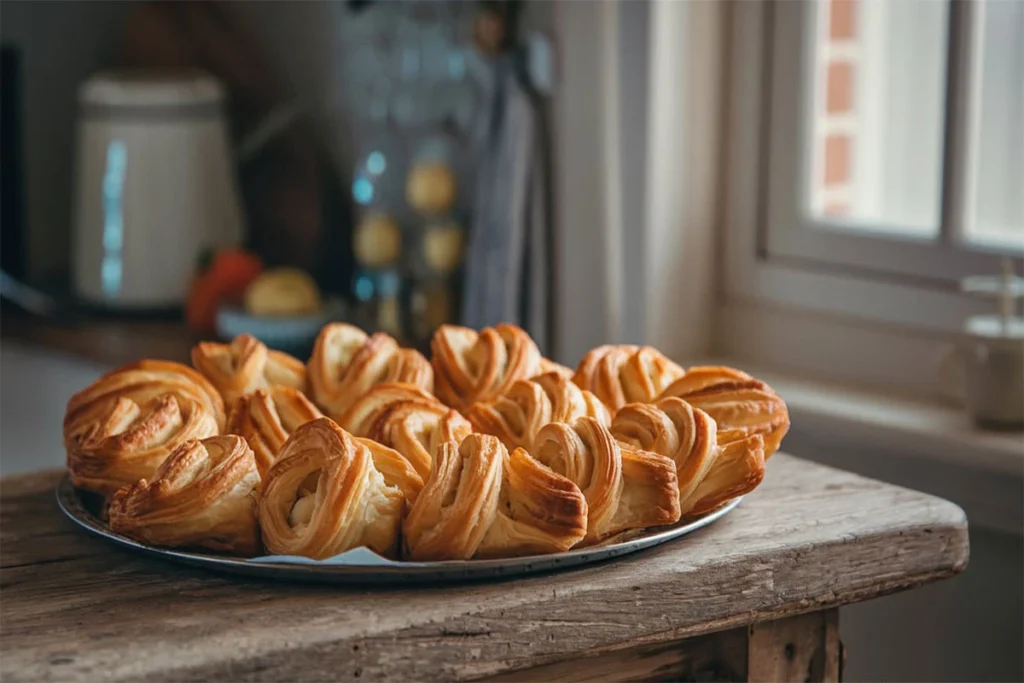 Golden-brown puff pastry cheese twists on a wooden board