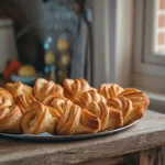 Golden-brown puff pastry cheese twists on a wooden board