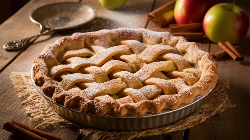 Golden French apple pie with a lattice crust on a rustic wooden table