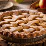 Golden French apple pie with a lattice crust on a rustic wooden table