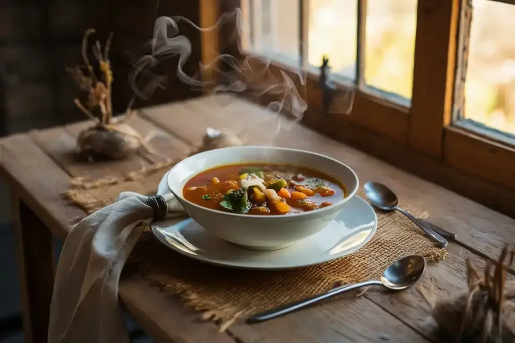 A bowl of vegetable soup with fresh vegetables and bread.