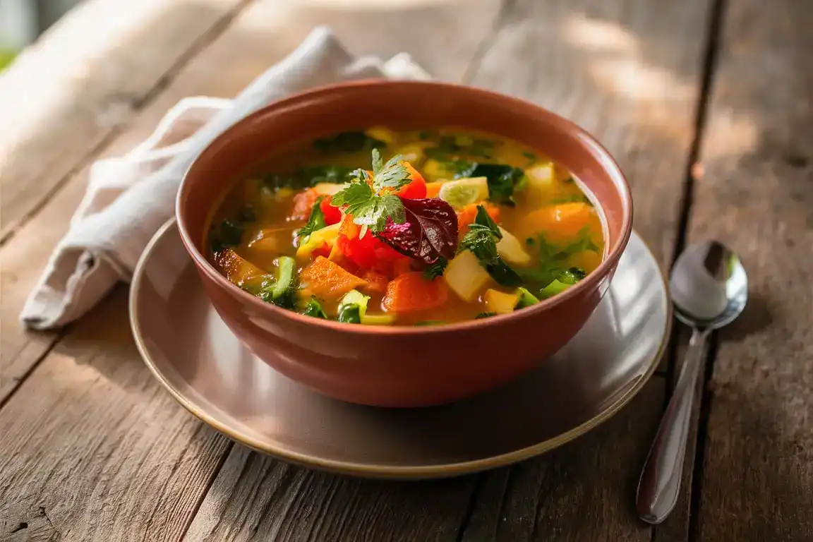 Three bowls of vegetable soup variations on a dining table.