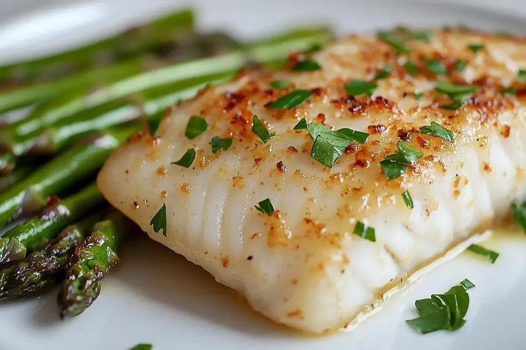 Baked Chilean sea bass with garlic, thyme, and lemon in a ceramic dish