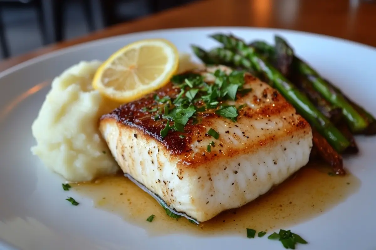 Pan-seared Chilean sea bass with roasted asparagus and lemon garnish