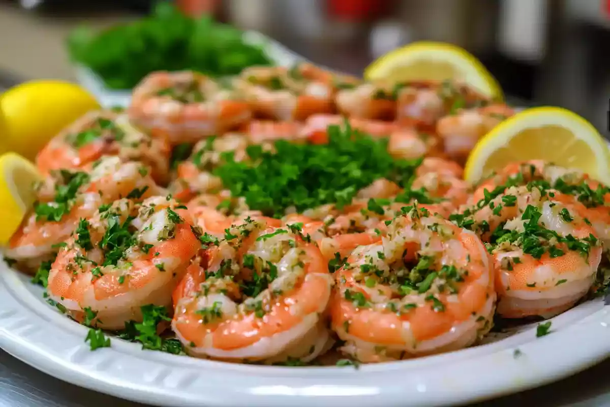 Seafood platter with crab legs and shrimp garnished with lemon and herbs