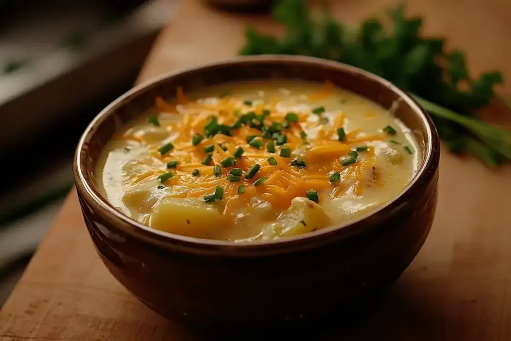 Finished Crockpot potato soup topped with green onions and bacon bits