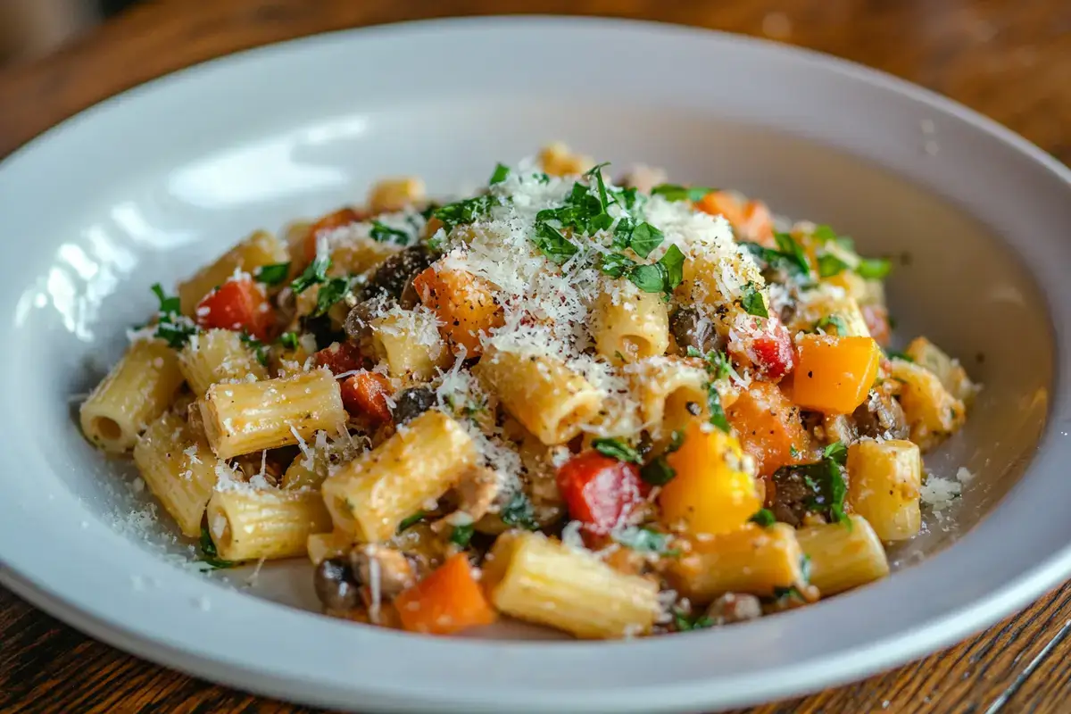 Close-up of a plated ditalini pasta dish with vegetables and Parmesan cheese