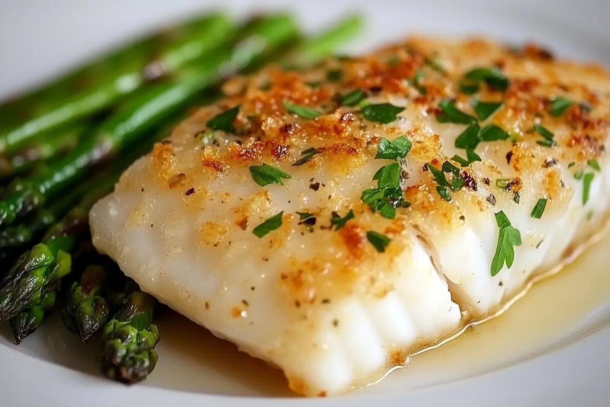 Pan-seared Chilean sea bass with crispy golden skin and lemon slices