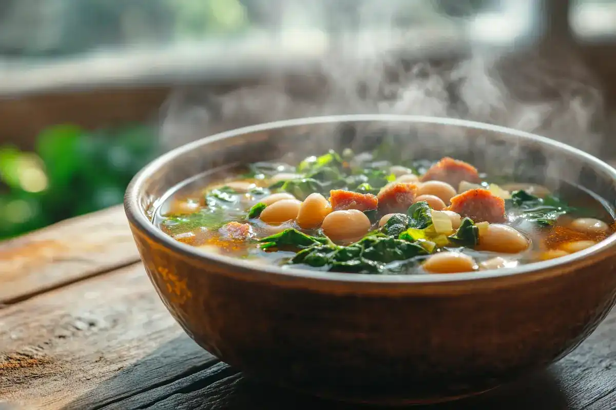 A steaming bowl of Swamp Soup with turnip greens, beans, and sausage