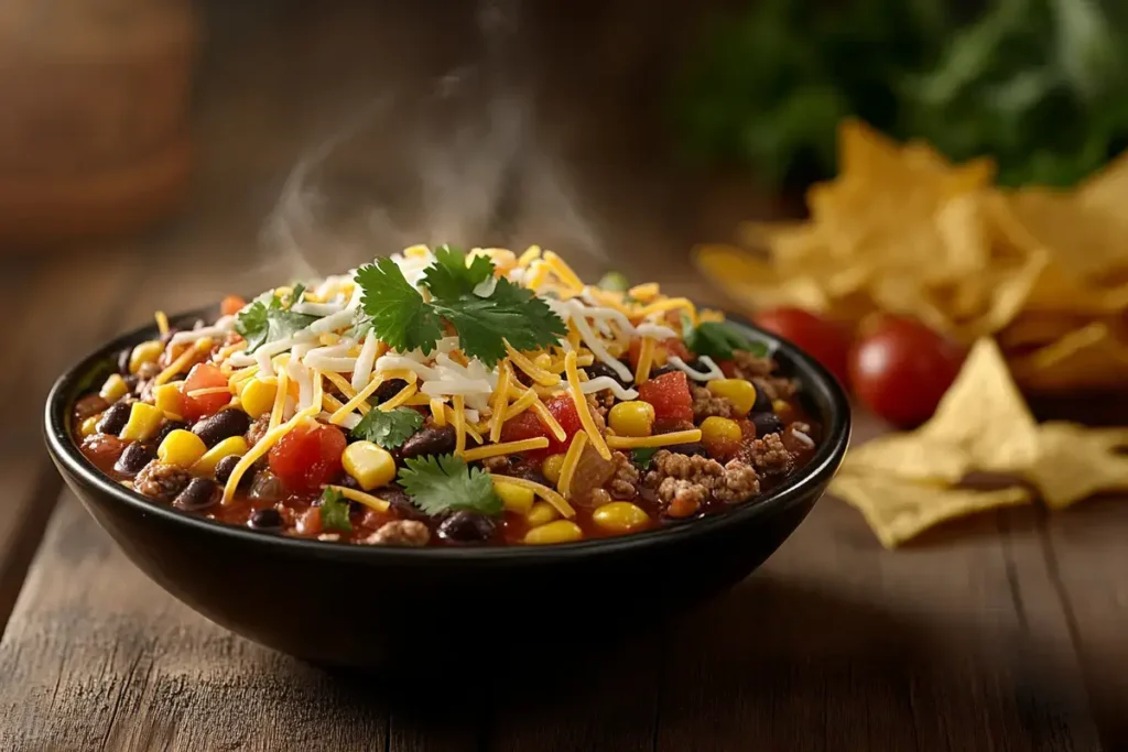 Toppings for taco soup frios including cheese and avocado.