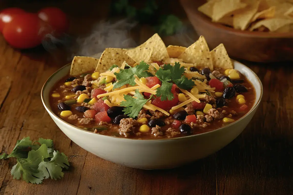 Bowl of creamy taco soup frios topped with fresh ingredients.