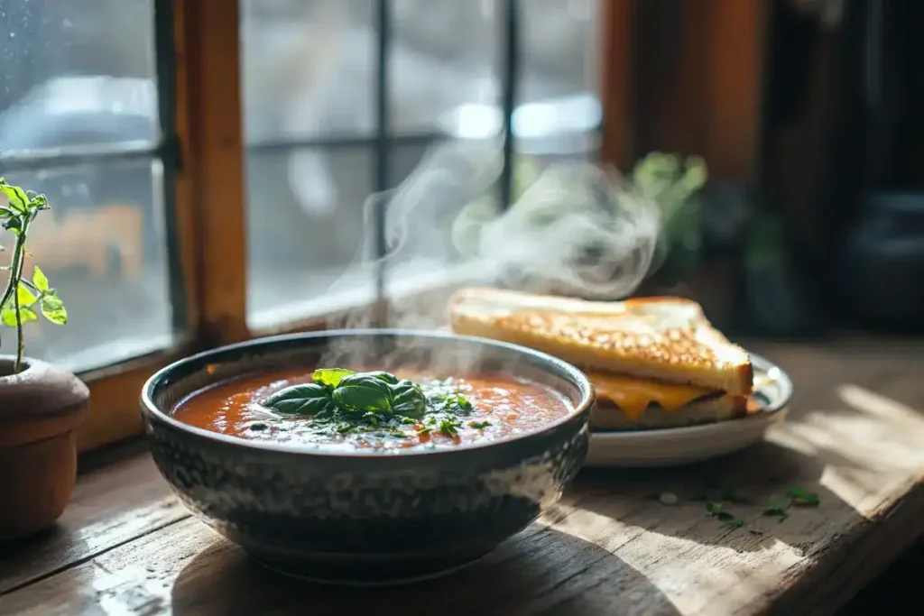 Tomato basil bisque in a bread bowl with grilled cheese dippers