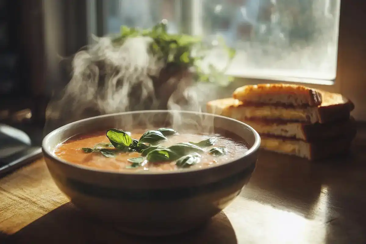 Creamy tomato soup with grilled cheese sandwich on a rustic table