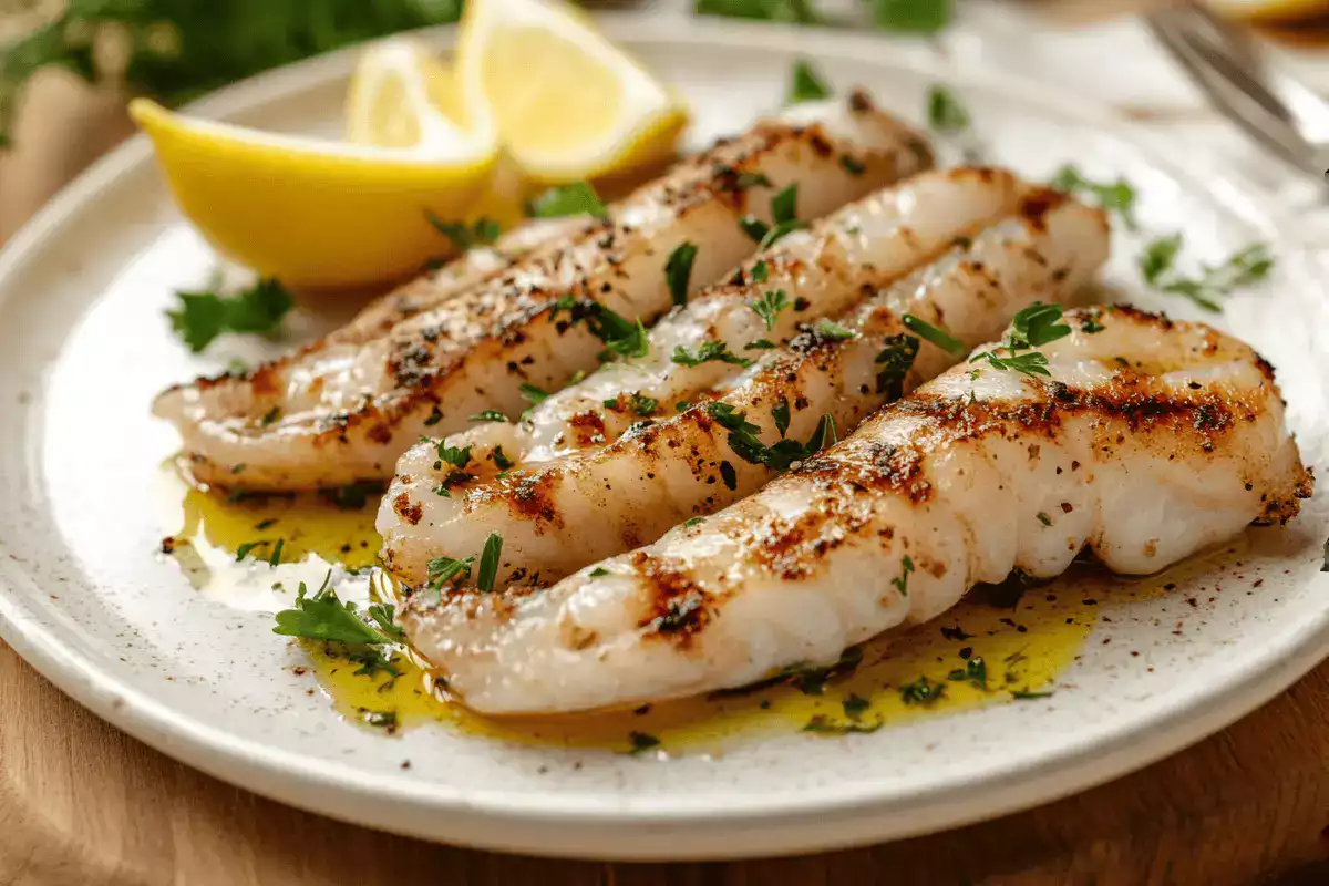 Delicious cooked calamari steak on a white plate with lemon wedges