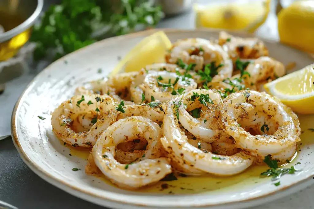 Cooked calamari steak sliced on a wooden board