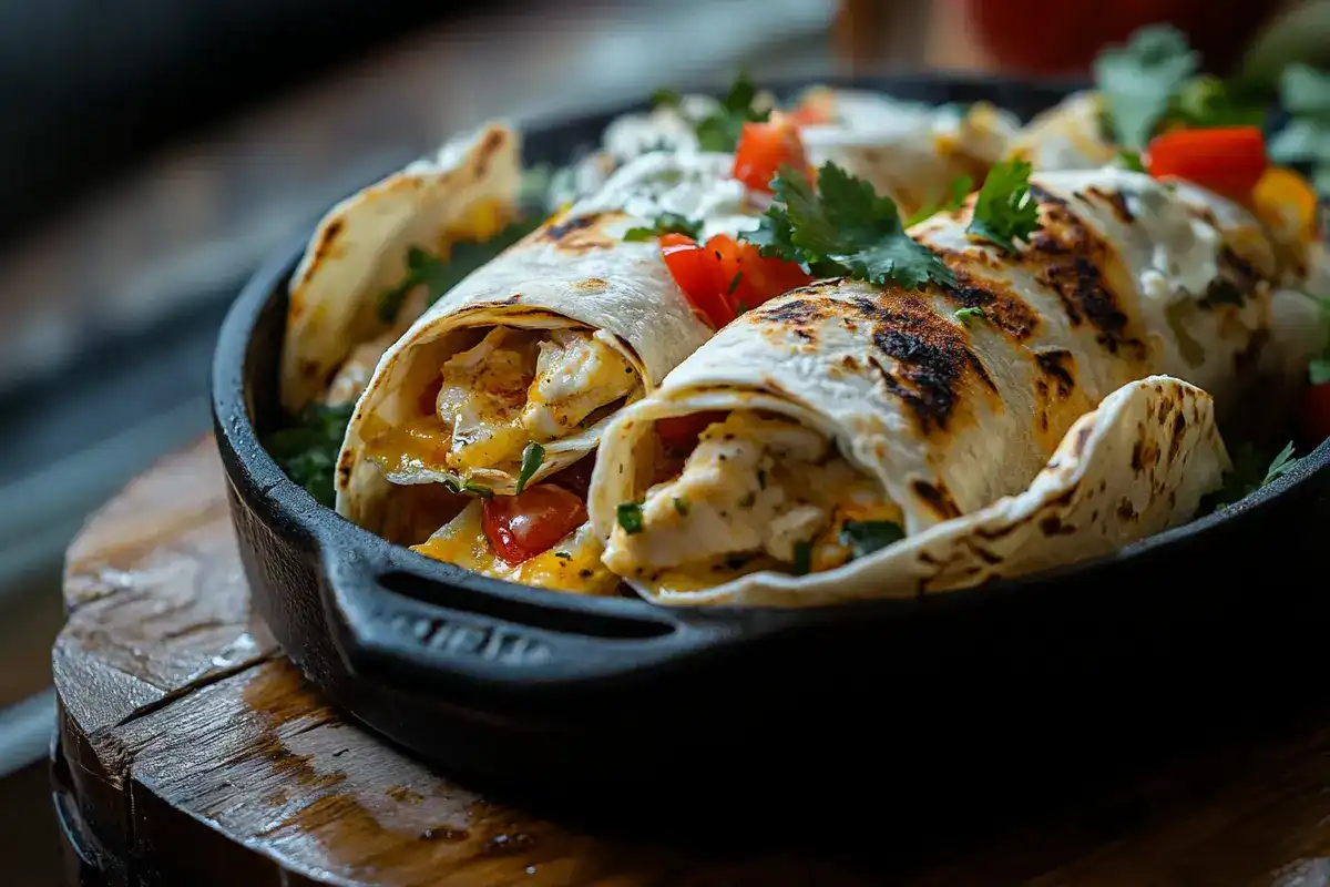 Sliced cheesy garlic chicken wrap served alongside colorful side dishes