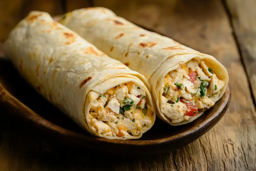 Close-up shot of cheesy garlic chicken wraps with melted cheese and a glossy garlic sauce