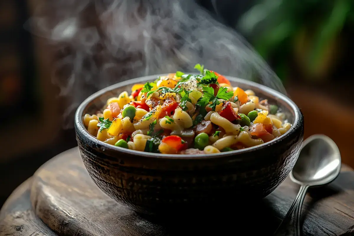 Steaming bowl of ditalini pasta soup with vegetables and herbs