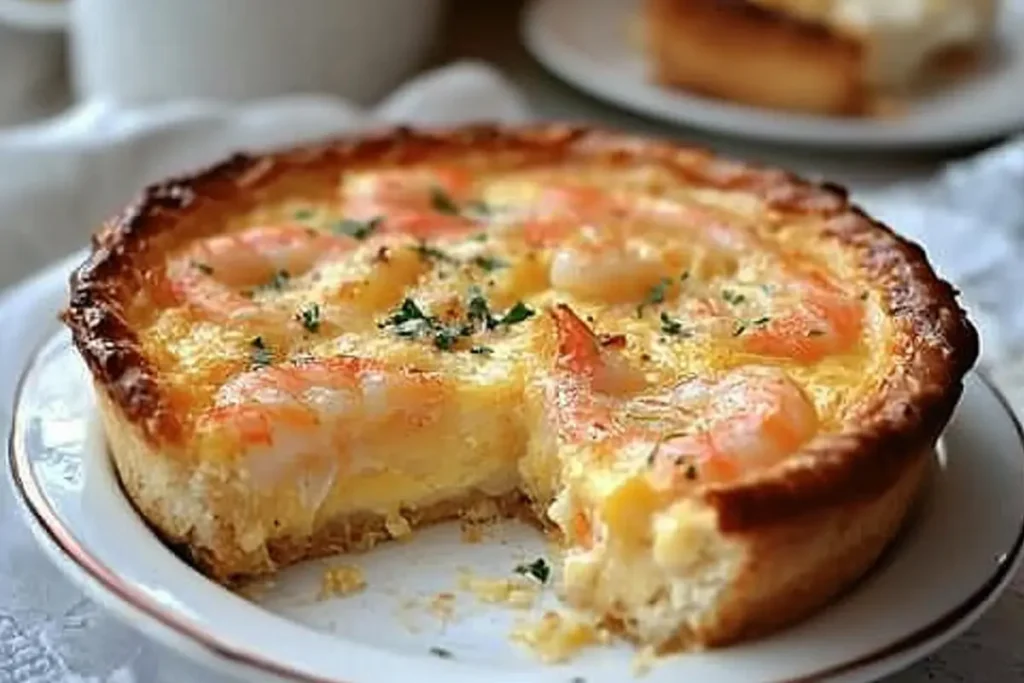 A slice of Florida shrimp pie with salad and asparagus.